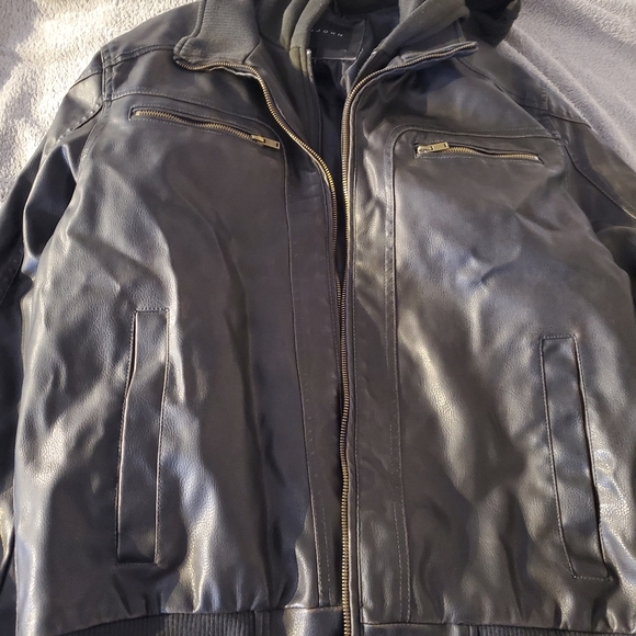 Black leather hooded jacket